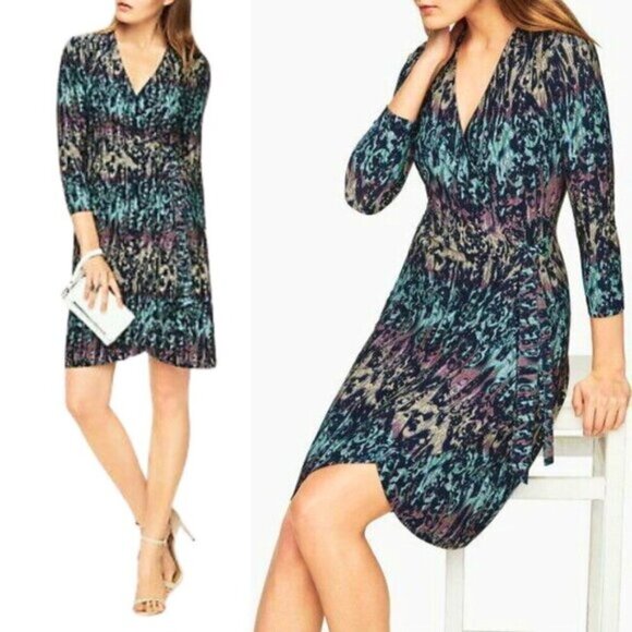 BCBGMaxAzria Adele Wrap Womens Dress Vintage Blue Combo XS - Picture 1 of 9